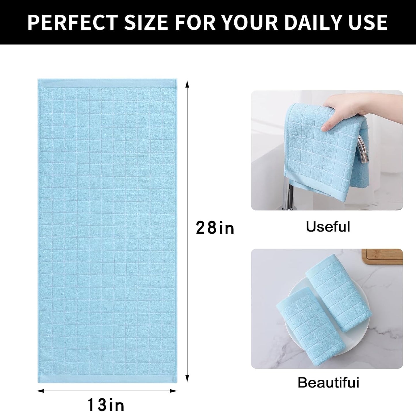 Homaxy 100% Cotton Terry Kitchen Towels(Sky Blue, 13 x 28 inches), Checkered Designed, Soft and