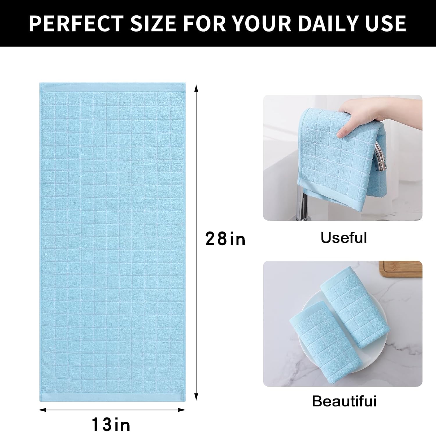 Homaxy 100% Cotton Terry Kitchen Towels(Sky Blue, 13 x 28 inches), Checkered Designed, Soft and