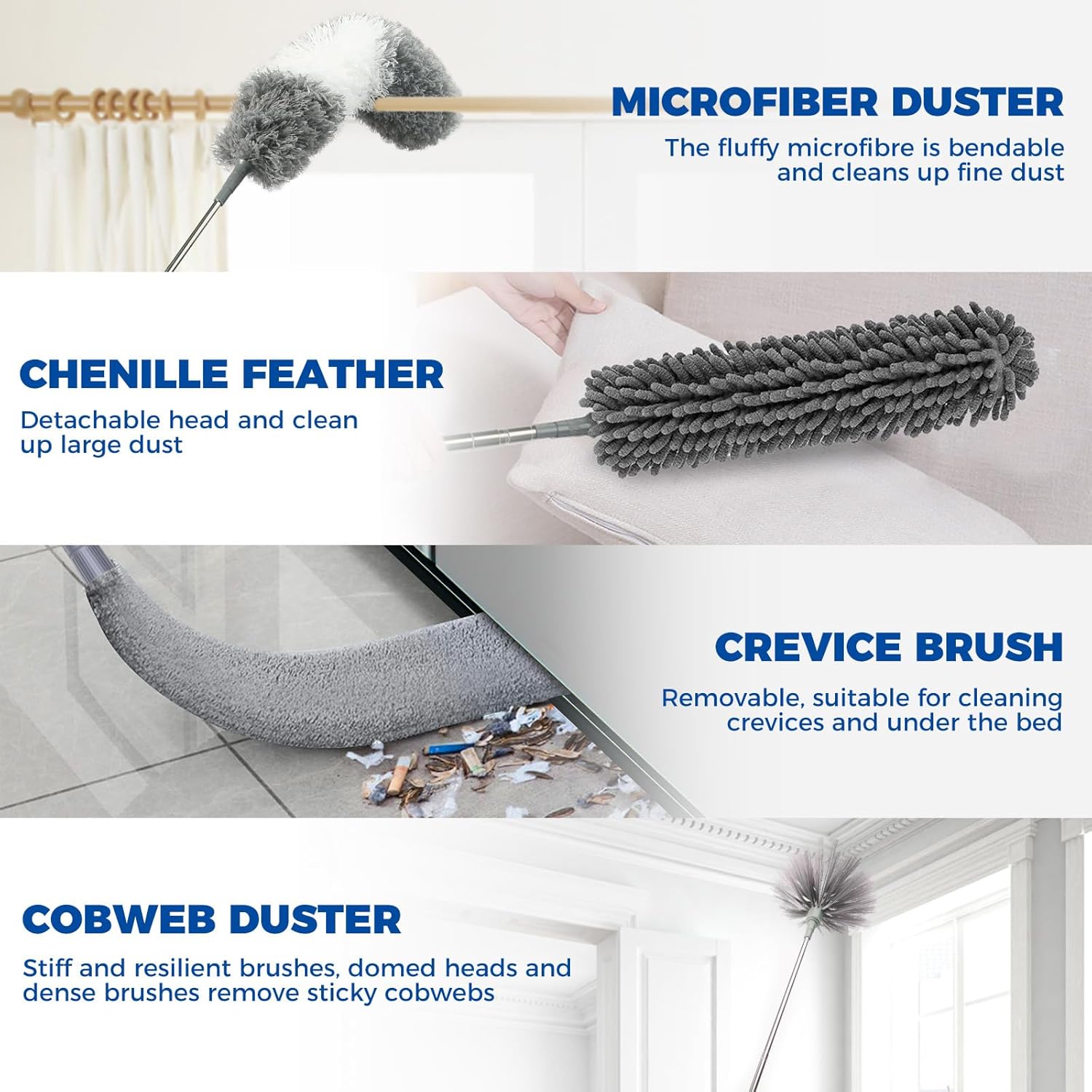 9Pcs Dusters for Cleaning Kit, Extendable Microfiber Duster Tools with 100" Long Pole, Retractable