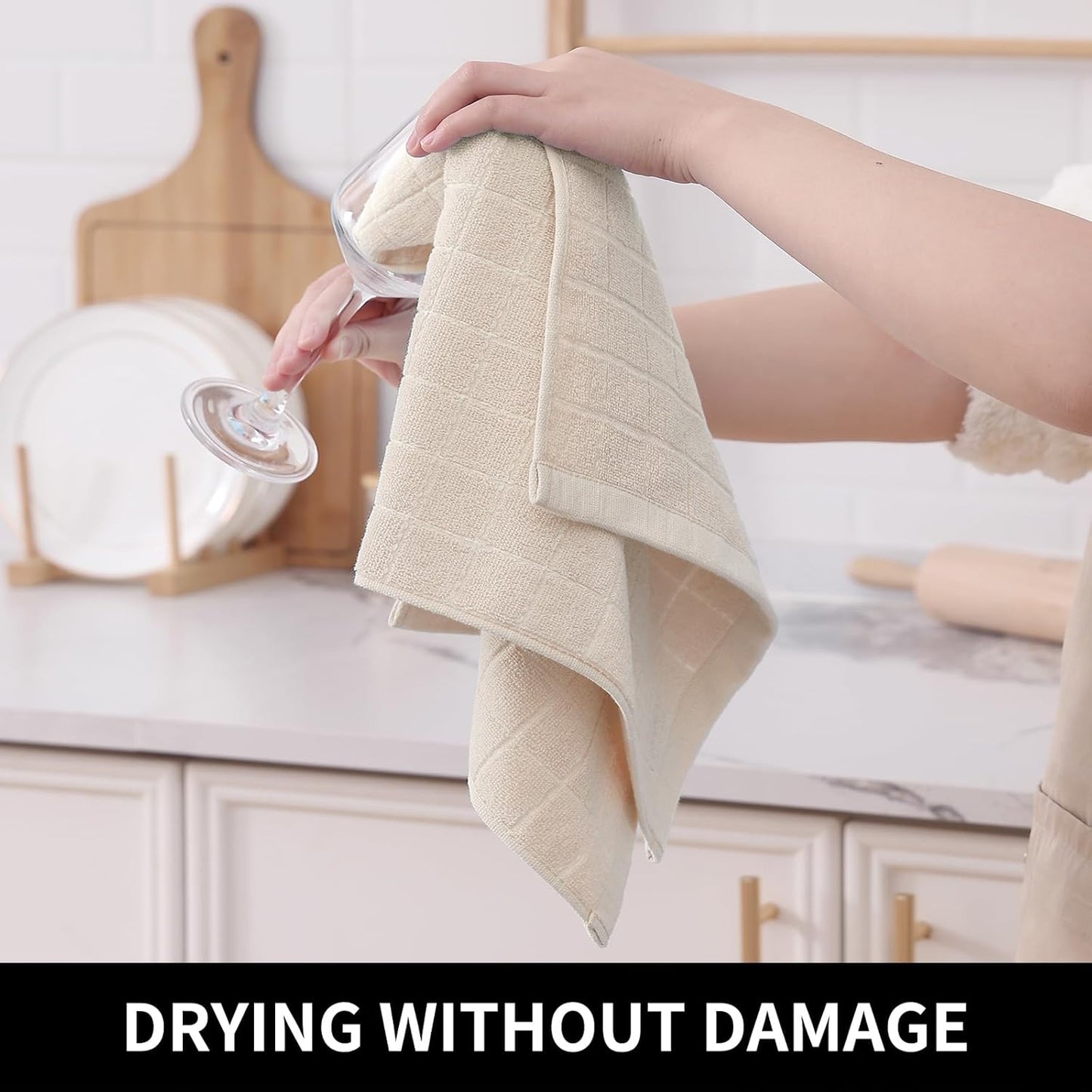 Homaxy 100% Cotton Terry Kitchen Towels(Beige, 13 x 28 inches), Checkered Designed, Soft and Super
