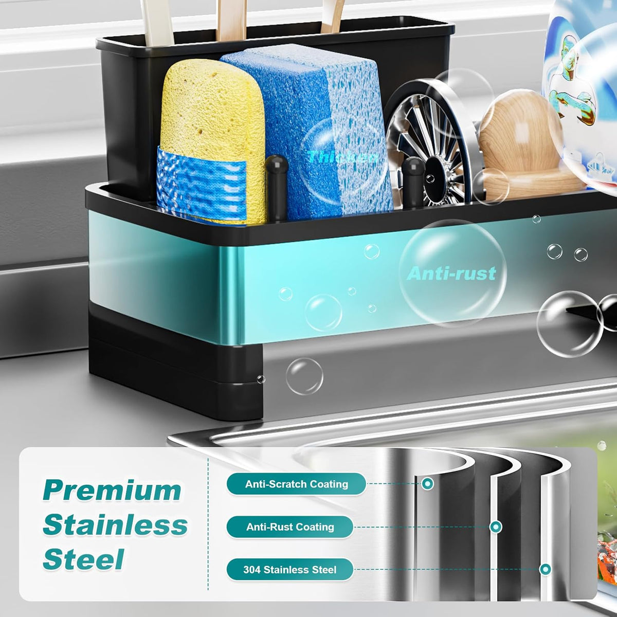 Stainless Steel Sink Caddy, Sponge Holder for Kitchen Sink with Brush Holder & Dishcloth Rack