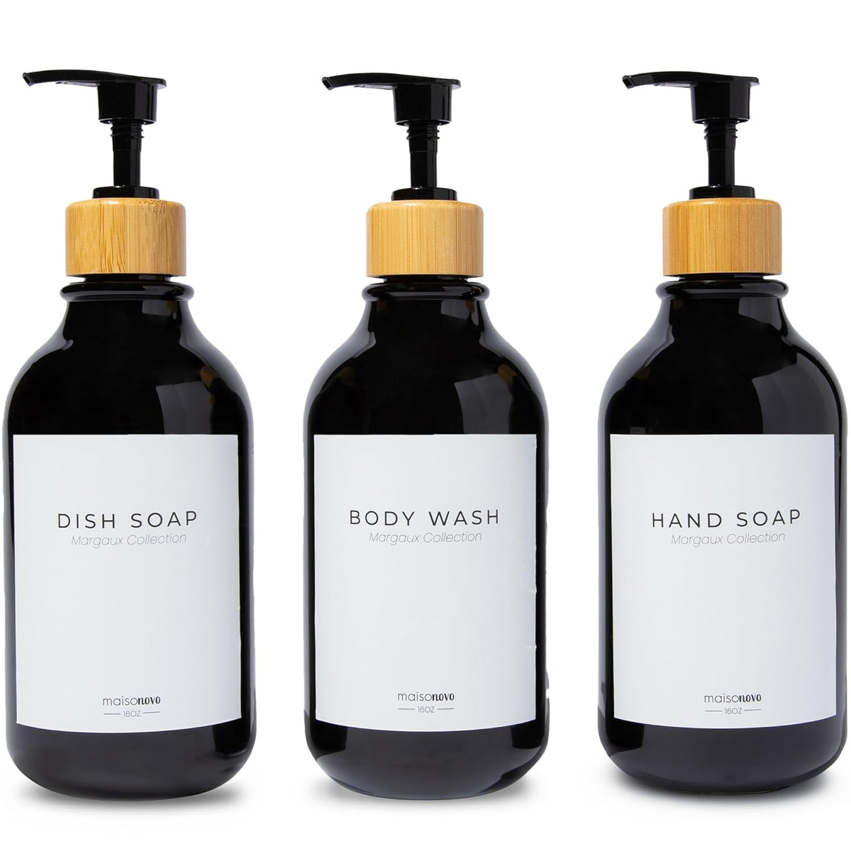 MaisoNovo Refillable Shampoo and Conditioner Bottles | 16.9 fl oz Set of 3 Black Plastic Bottles