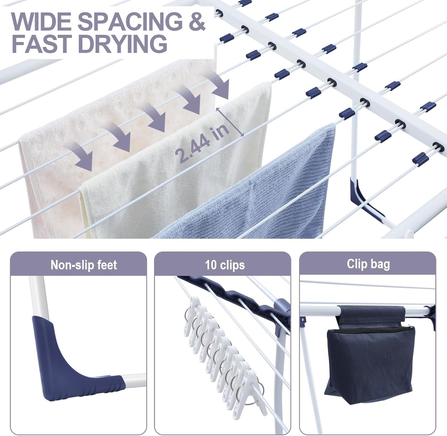APEXCHASER Clothes Drying Rack, Foldable Gullwing Laundry Rack for Indoor Outdoor, 10pcs Clips with