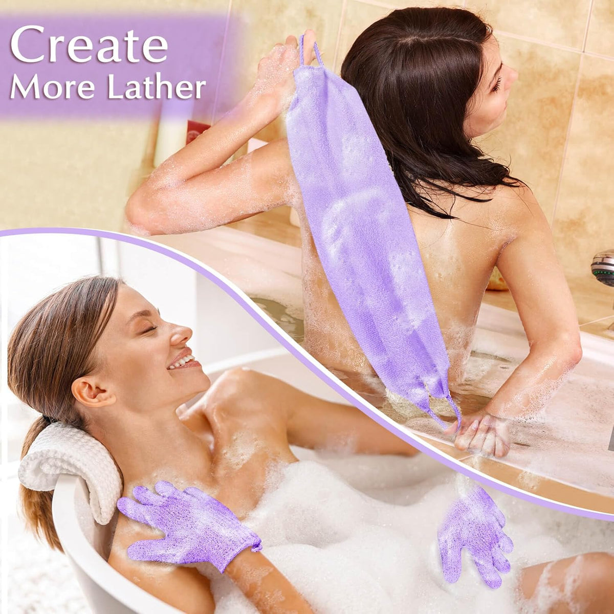 Anezus Exfoliating Back Scrubber Bath Gloves Set, Exfoliating Shower Towel with Shower Gloves for
