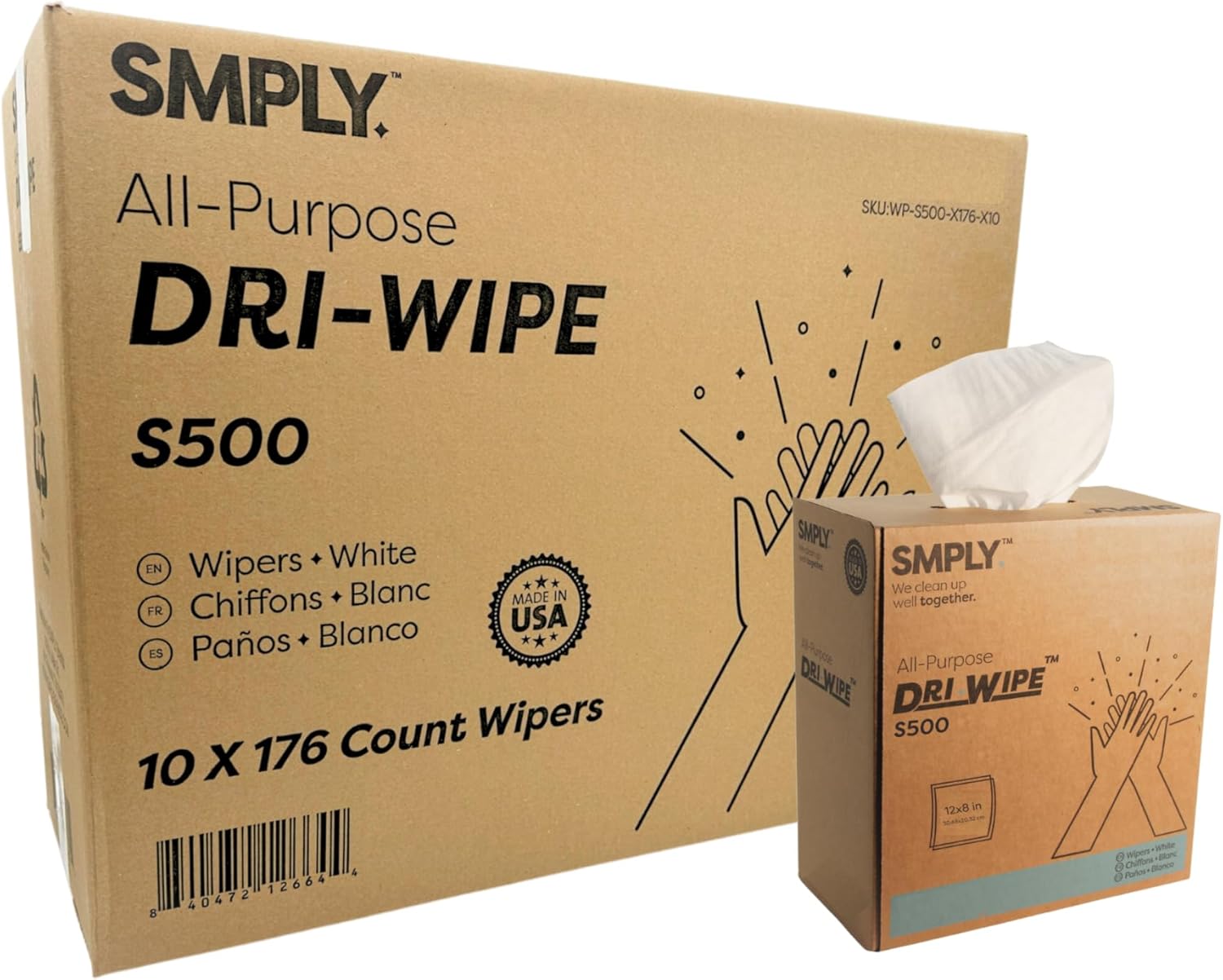 Dri-Wipe S500 by SMPLY Brands – All-Purpose Disposable Wipes, 10 Boxes of 176 (1,760 Total Wipes)
