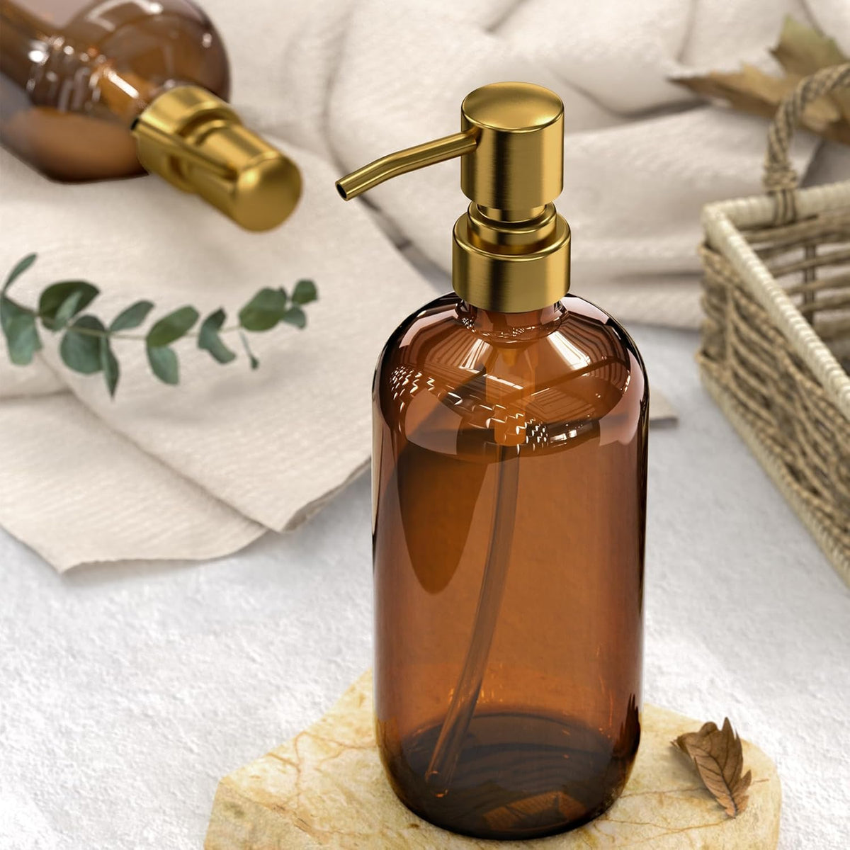 AmazerBath Amber Glass Soap Dispenser, 2 Pack Vintage Brown Bottle with Stainless Steel Pump,17 Oz