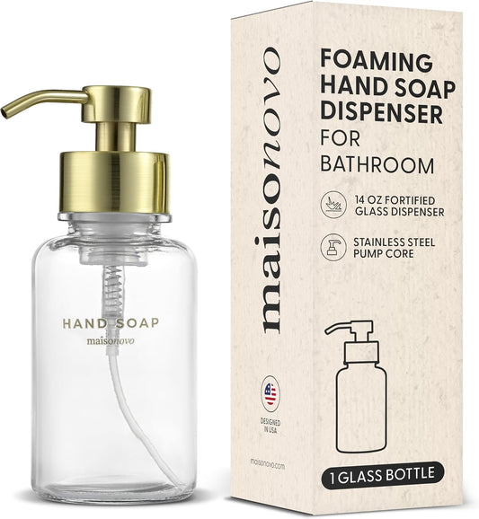 MaisoNovo Glass Foaming Hand Soap Dispenser 14 Oz | Gold Foaming Soap Dispenser Clear Bottle Gold