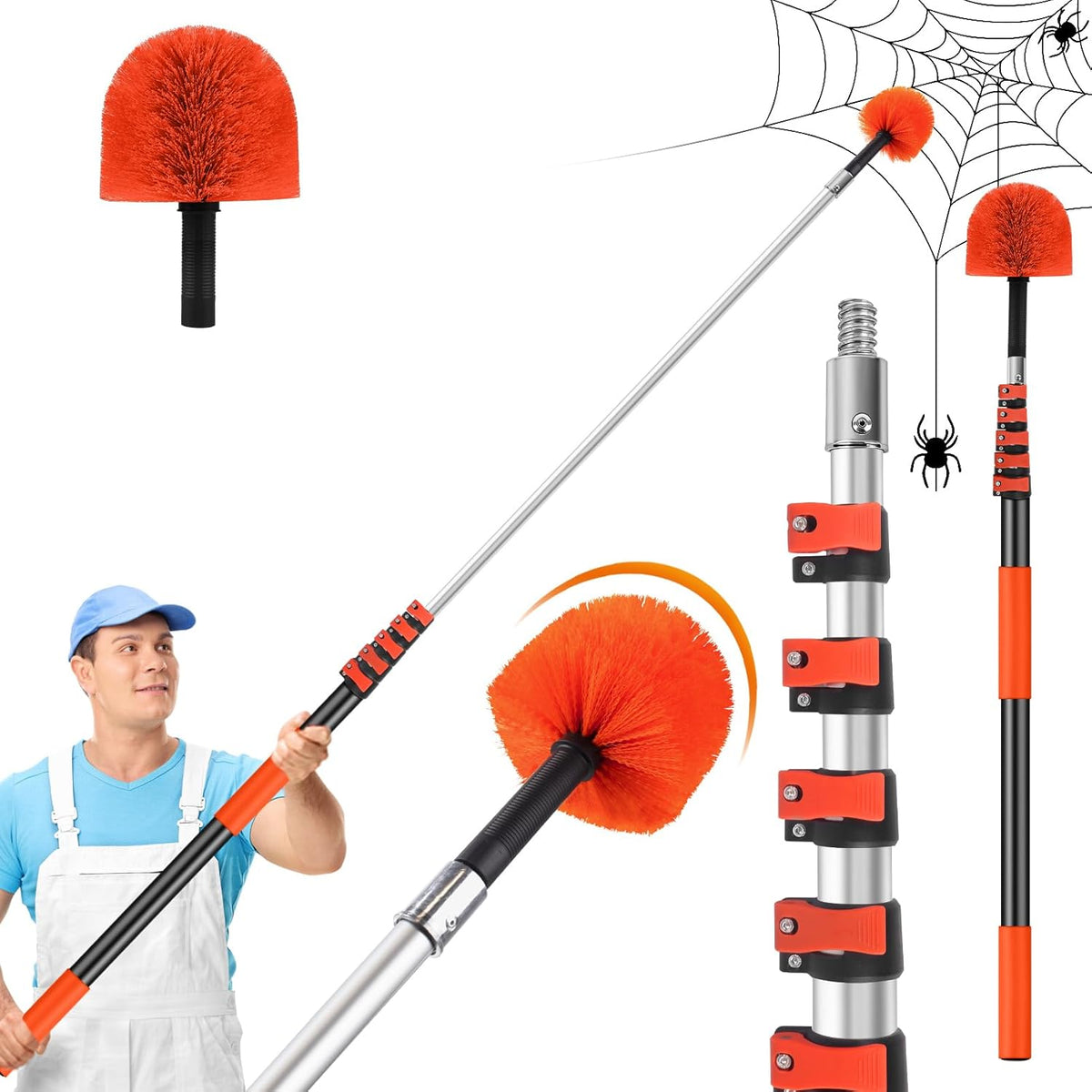 30FT Reach Cobweb Duster with Extension Pole,Spider Web Brush for Cleaning with 5-24FT Telescoping