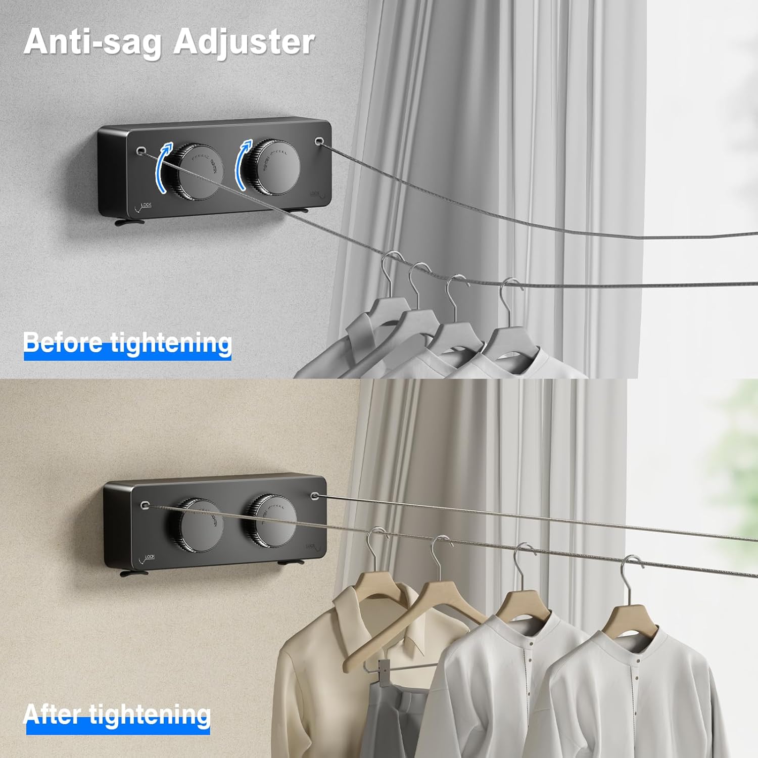 Retractable Twin Clothesline Indoor, Non-Sagging Outdoor Clothes Line Retracting Heavy Duty Clothes