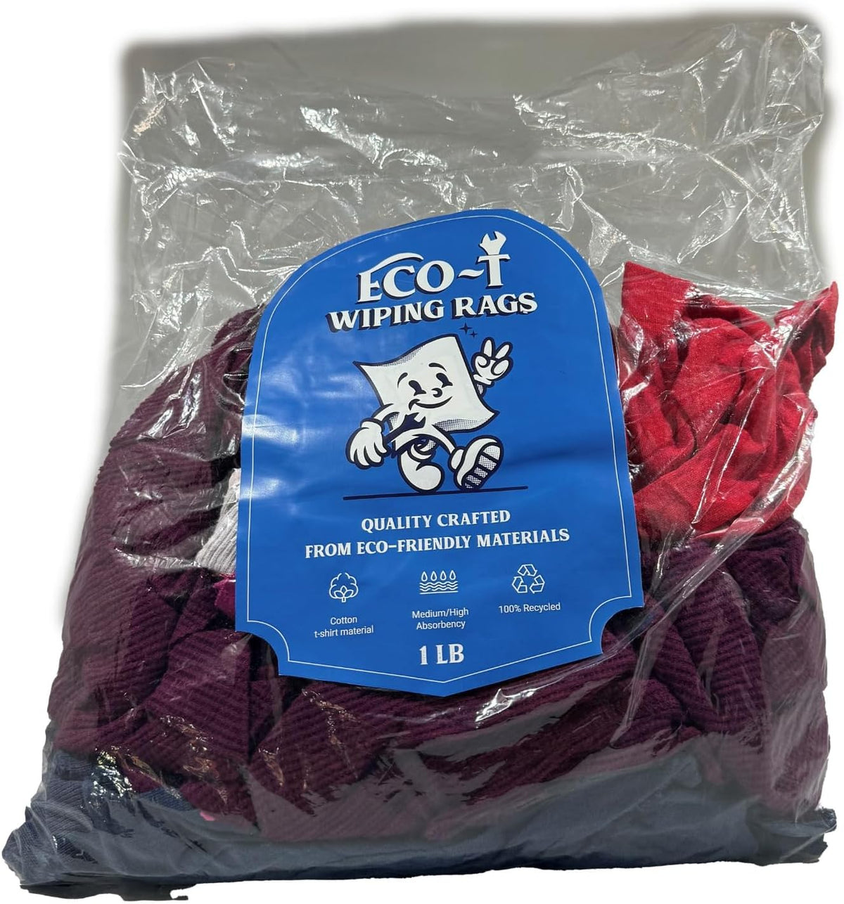 1 Lb Bag Eco-T Mechanic Shop Rags - Colored T-Shirt Material, 100% Recycled, Eco-Friendly, High