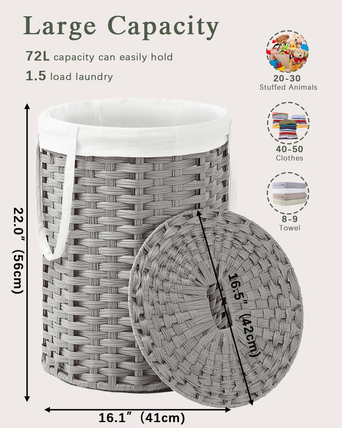 Laundry Hamper with Lid Laundry Basket with Lid 19.0 Gal (72 L) Round Laundry Basket Handwoven