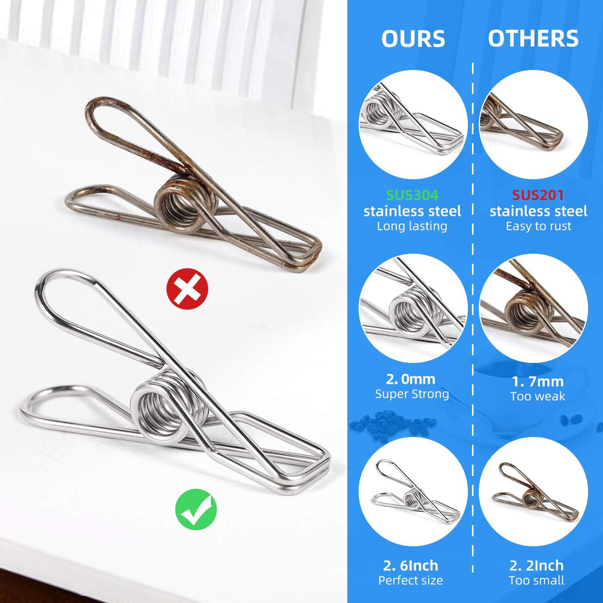 Heavy Duty Clothes Pins for Hanging Clothes, Stainless Steel Clothespins for Landry, Metal Clothes