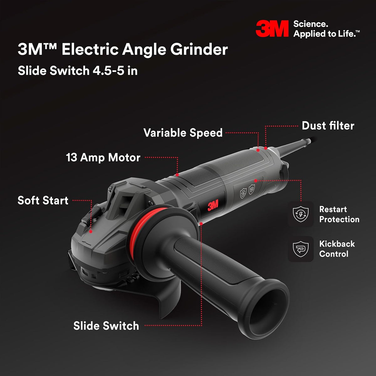 3M Electric Angle Grinder, 11131, VS, 6 in Paddle Switch, 13-Amp, 120V, for Cutting, Grinding
