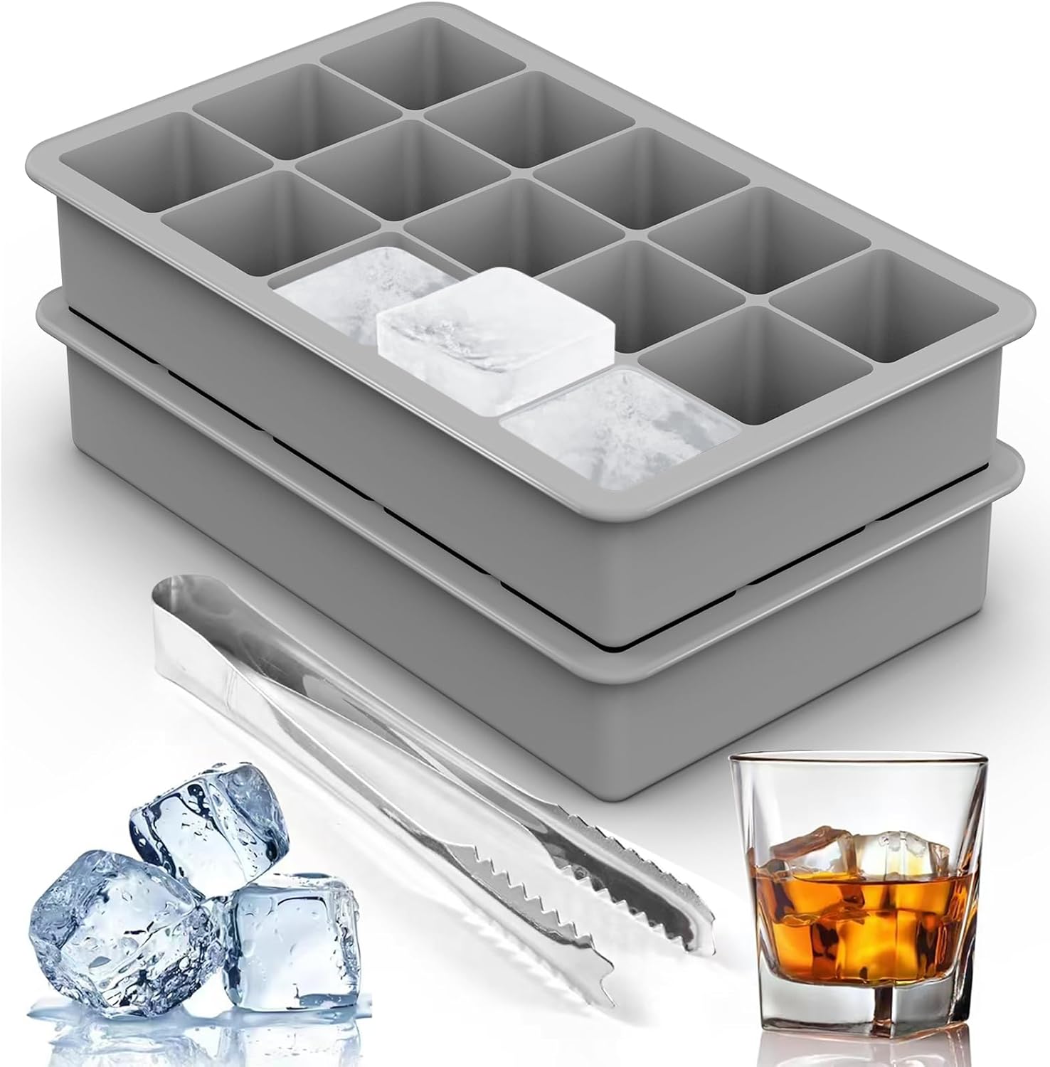 Silicone Ice Cube Trays for Freezer 2 Pack- Easy Release Square Ice Cubes Mold- Best Rubber Ice