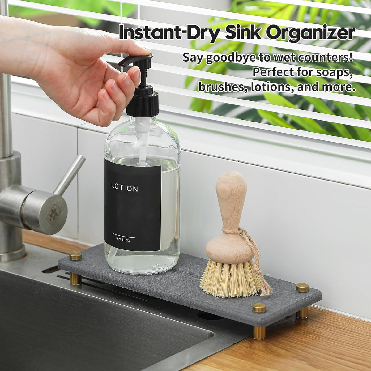 Kitchen Sink Caddy Water Absorbing Stone Drying Tray, Diatomite Bathroom Sink Organizer, Faucet
