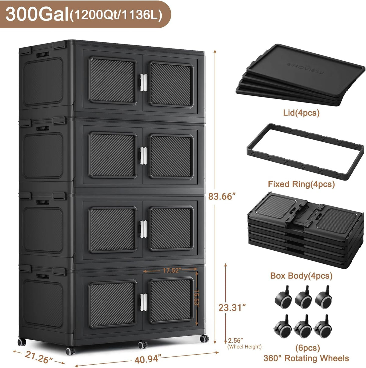 BROVIEW 1200 Qt Stackable Storage Bin with Lid, 300Gal Extra Large Collapsible Storage Boxes