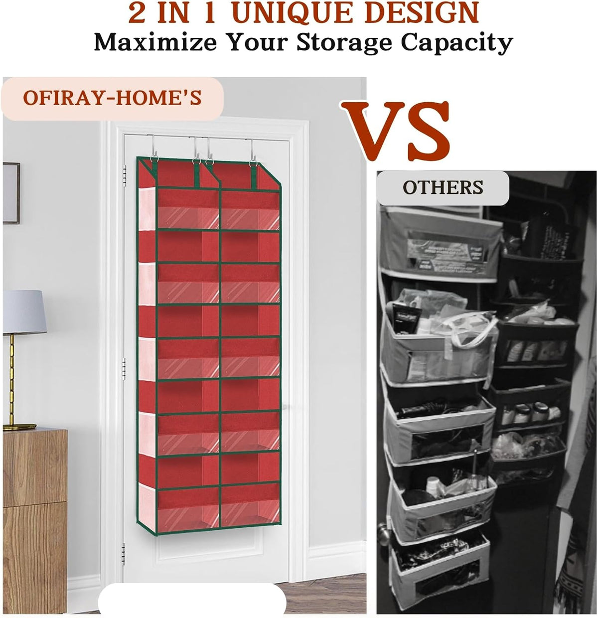 Over The Door Organizer 5 Tiers, Extra Large Behind Door Storage of 10 Compartments, 80 lbs Weight