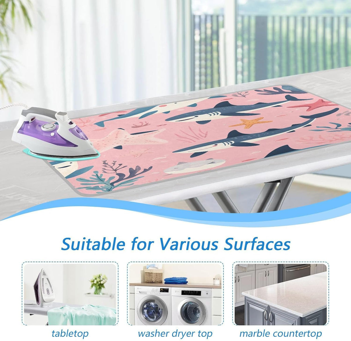Pink Sharks Starfish and Seaweeds Ironing Mat Thickened Ironing Blanket Travel Portable Double-Side