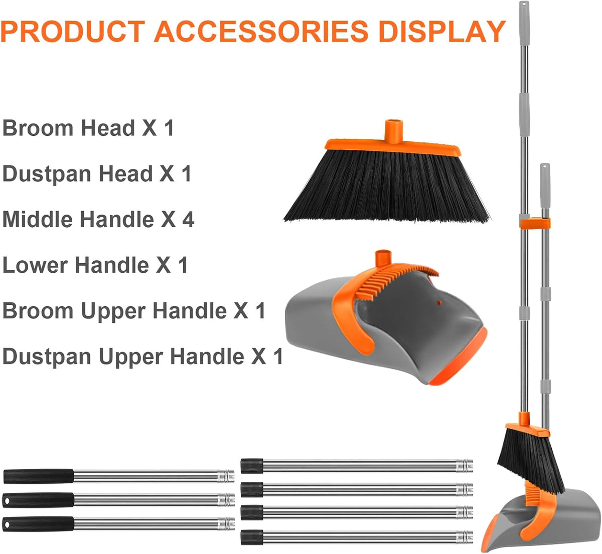Broom and Dustpan Set, Large Broom with Dustpan Combo Set, 55" Long Handle Heavy Duty Industrial