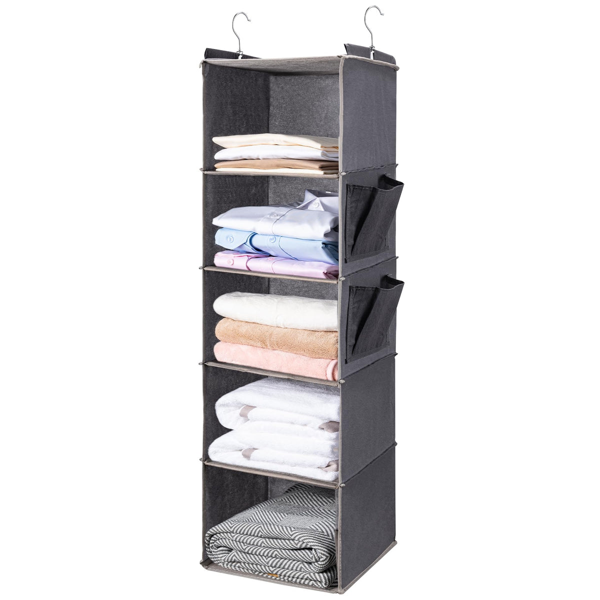 BOOMIBOO Hanging Closet Organize and Shelves，5-Hanging Shelf with 2 Side Pockets，Storage Foldable
