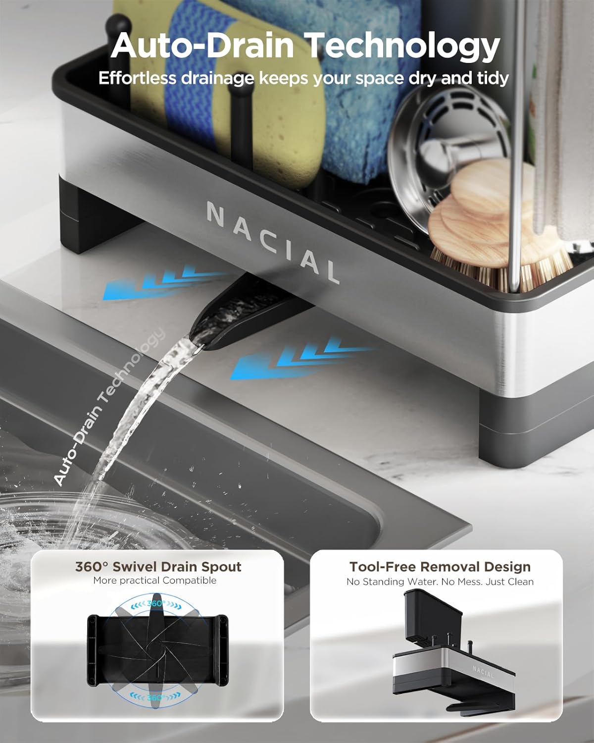 Nacial Kitchen Sink Caddy Organzier with High Brush Holder, Sponge Holder for Kitchen Sink with Two