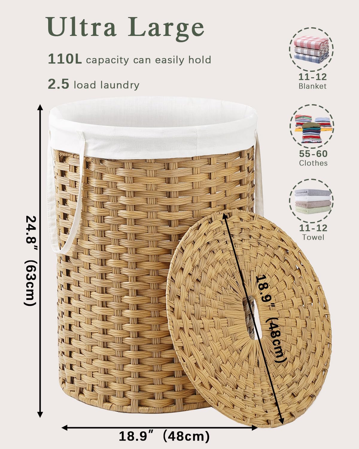 Laundry Basket with Lid Round Rattan Laundry Hamper with Lid and Handles 29.1 Gal (110 L) Handwoven