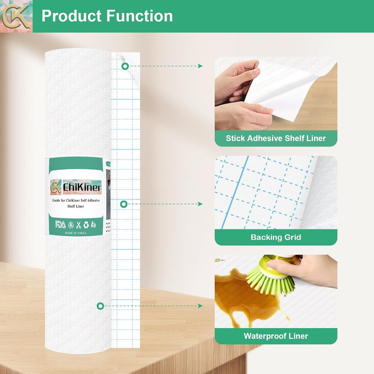 Self-Adhesive Shelf Liner Kitchen Liner, Waterproof Backed Paper Easy Peel and Stick Contact Liner