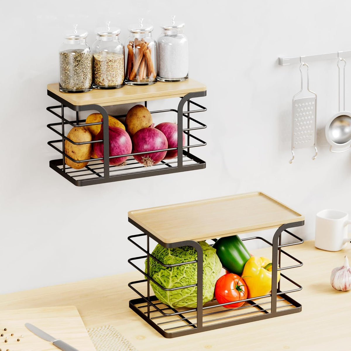 2 Pack Stackable Storage for Kitchen Laundry Pantry Organizers,Trash Bag Holder with Bamboo