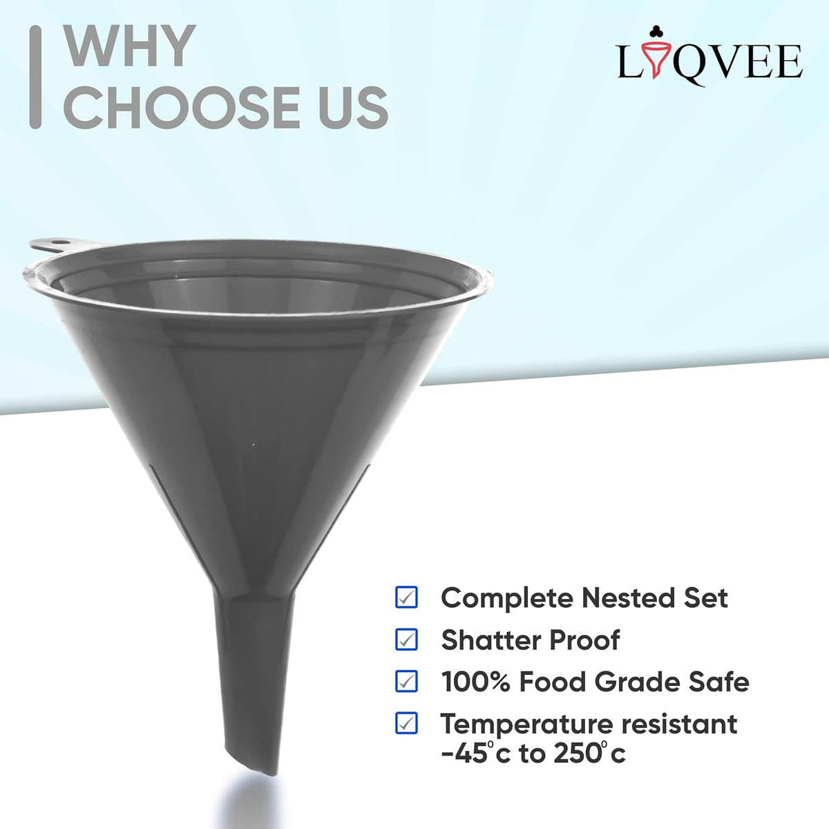 Funnel Gray in 4 Different Sizes (122, 101, 76 & 50mm) Durable & Non-Toxic Food Grade Plastic