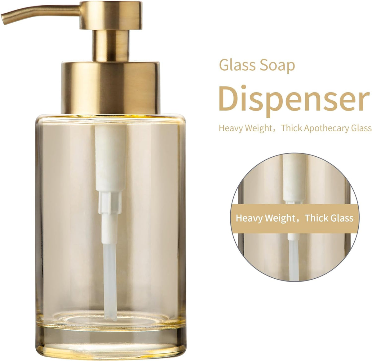Enra Gold Foaming Soap Dispenser, 12oz Thick Glass Bathroom & Kitchen Dispenser with Stainless