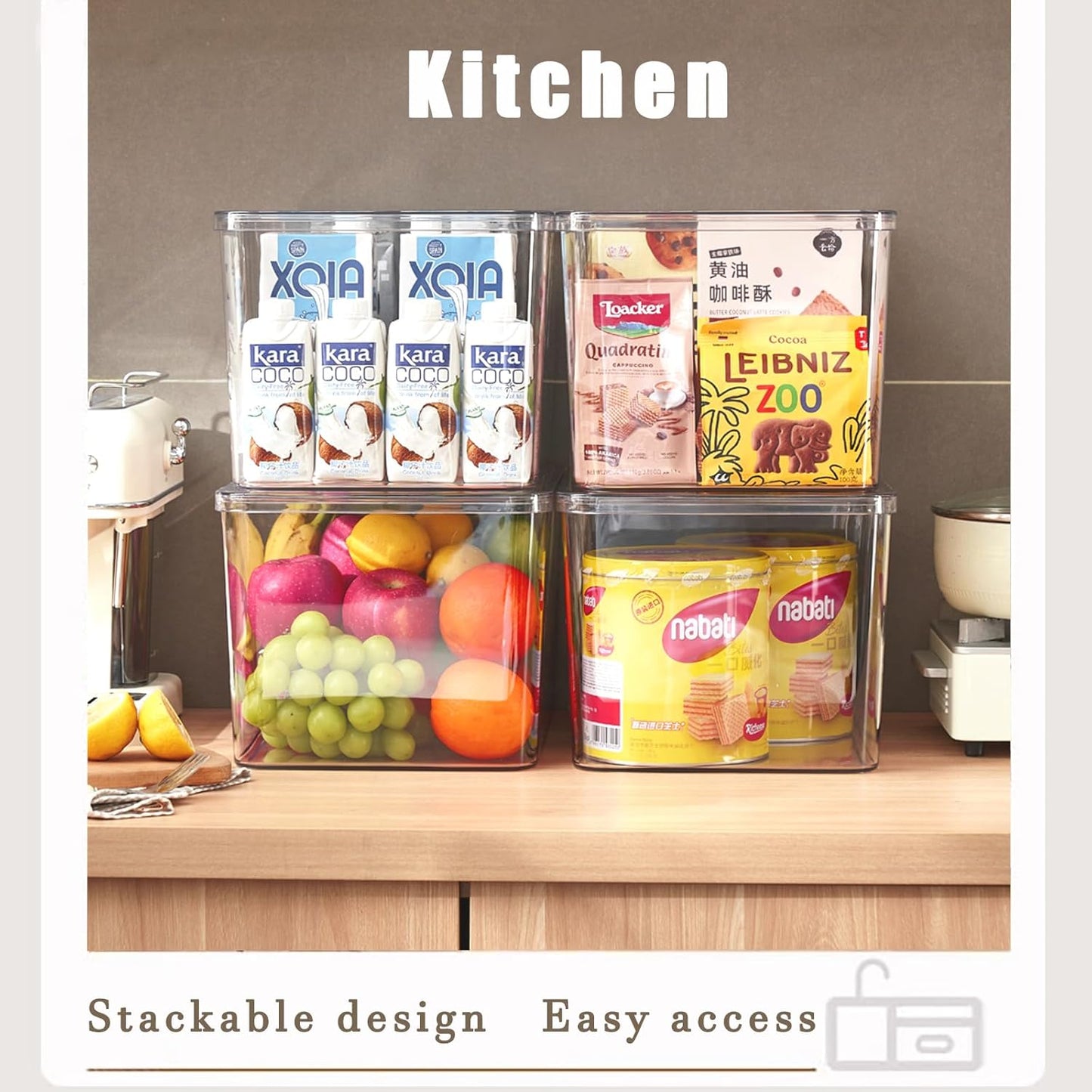 Clear plastic storage bins with LIDS-4packs,storage containers for snacks, cosmetics, books, dog