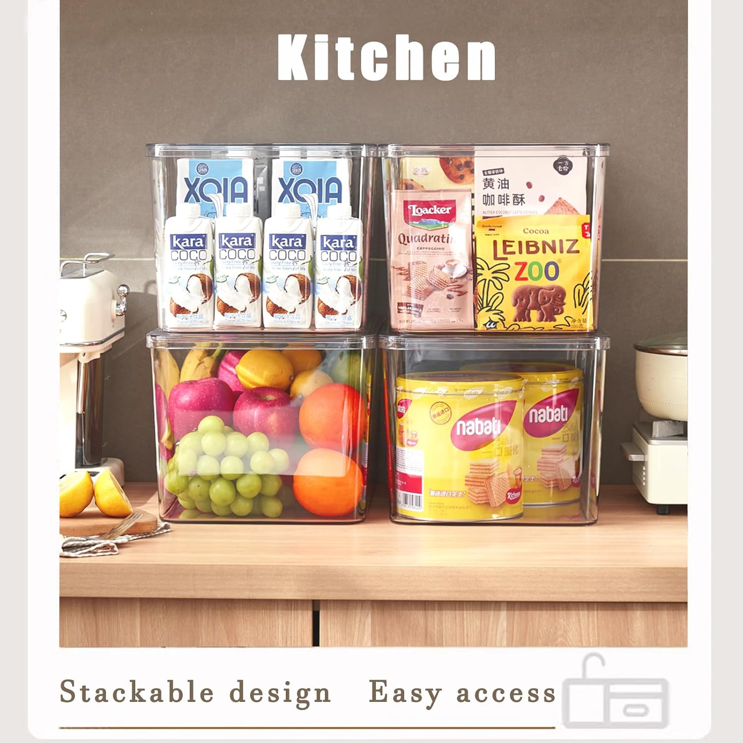 Clear plastic storage bins with LIDS-4packs,storage containers for snacks, cosmetics, books, dog