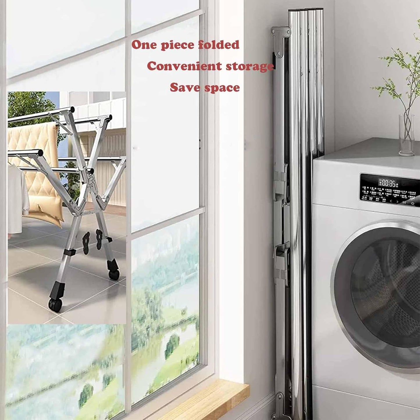 5Poles Clothes Drying Rack,Stainless Steel Laundry Rack with Wheels, Blanket Rack Clothesline