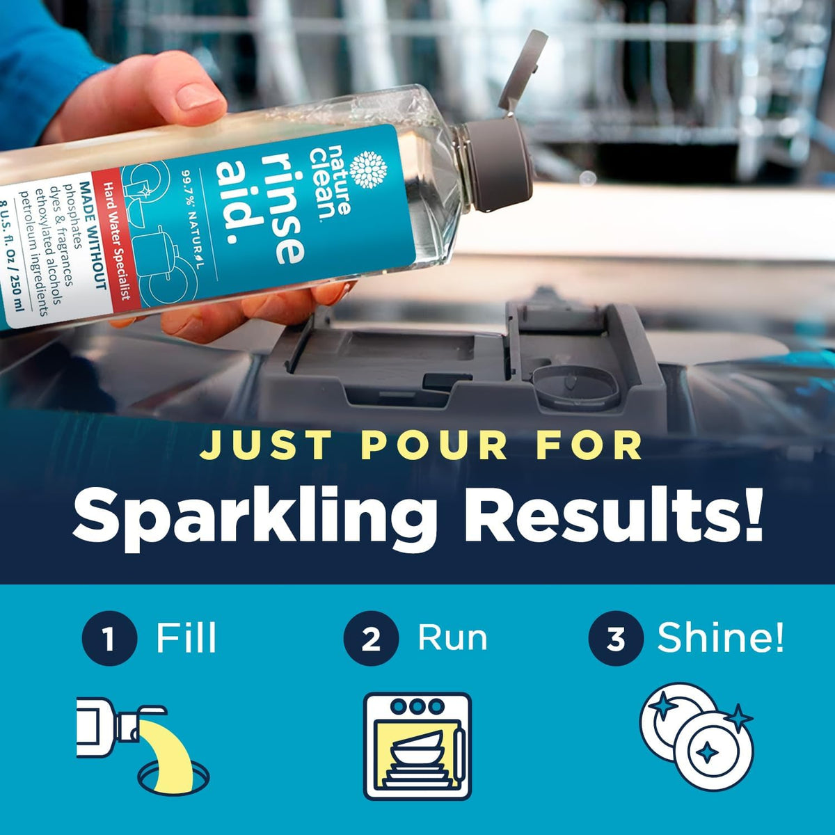 All Natural Dishwasher Rinse Aid Cleaner, Liquid Dishwasher Rinse Agent for Spot-Free Glass &