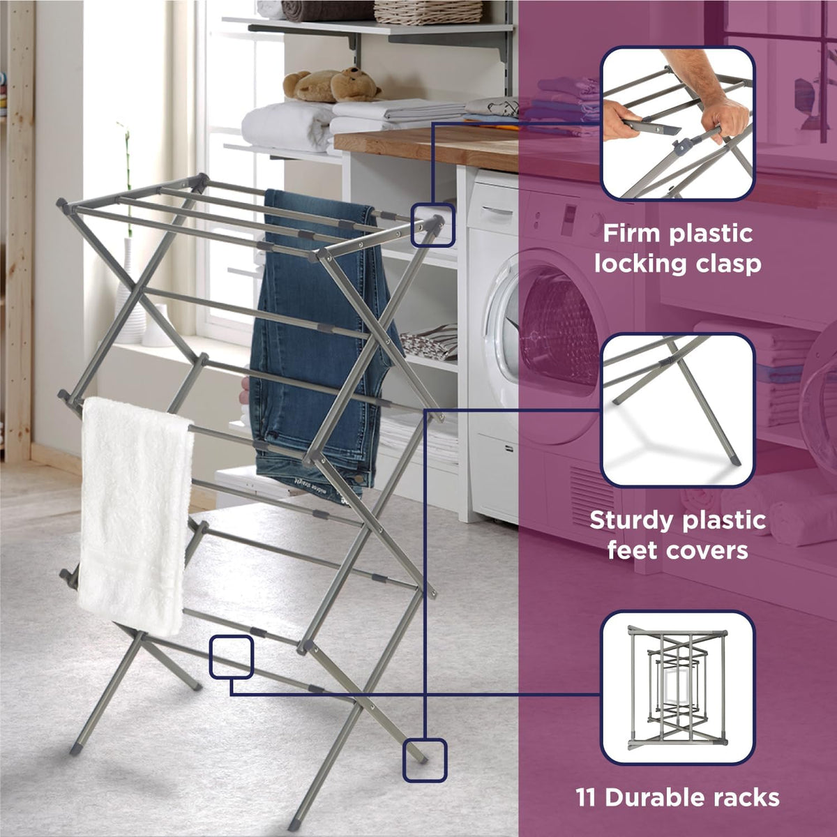 BLACK+DECKER 3 Tier Expandable Collapsing Foldable Laundry Rack for Air Drying Clothing, Space