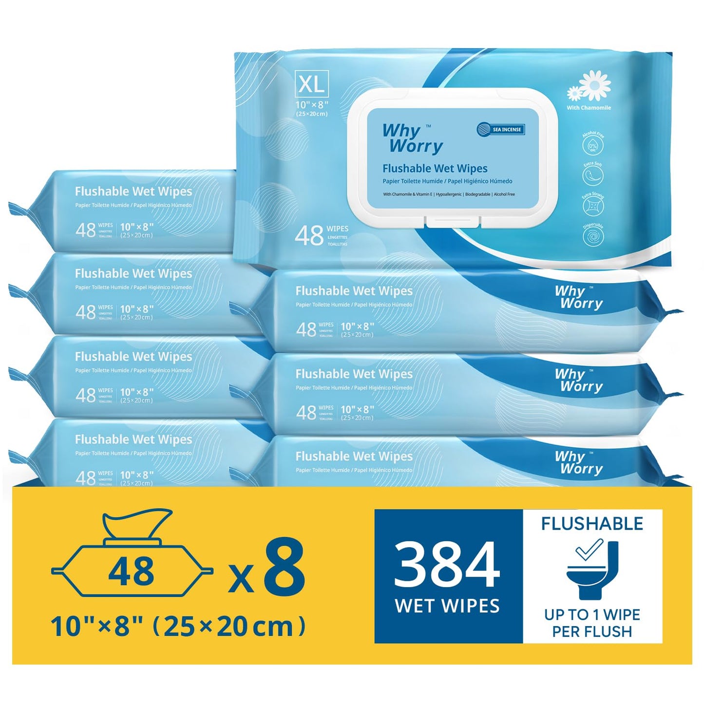 WhyWorry Flushable Wipes for Adults, Extra Large 8"x10" Butt Wipes for Personal Hygiene &