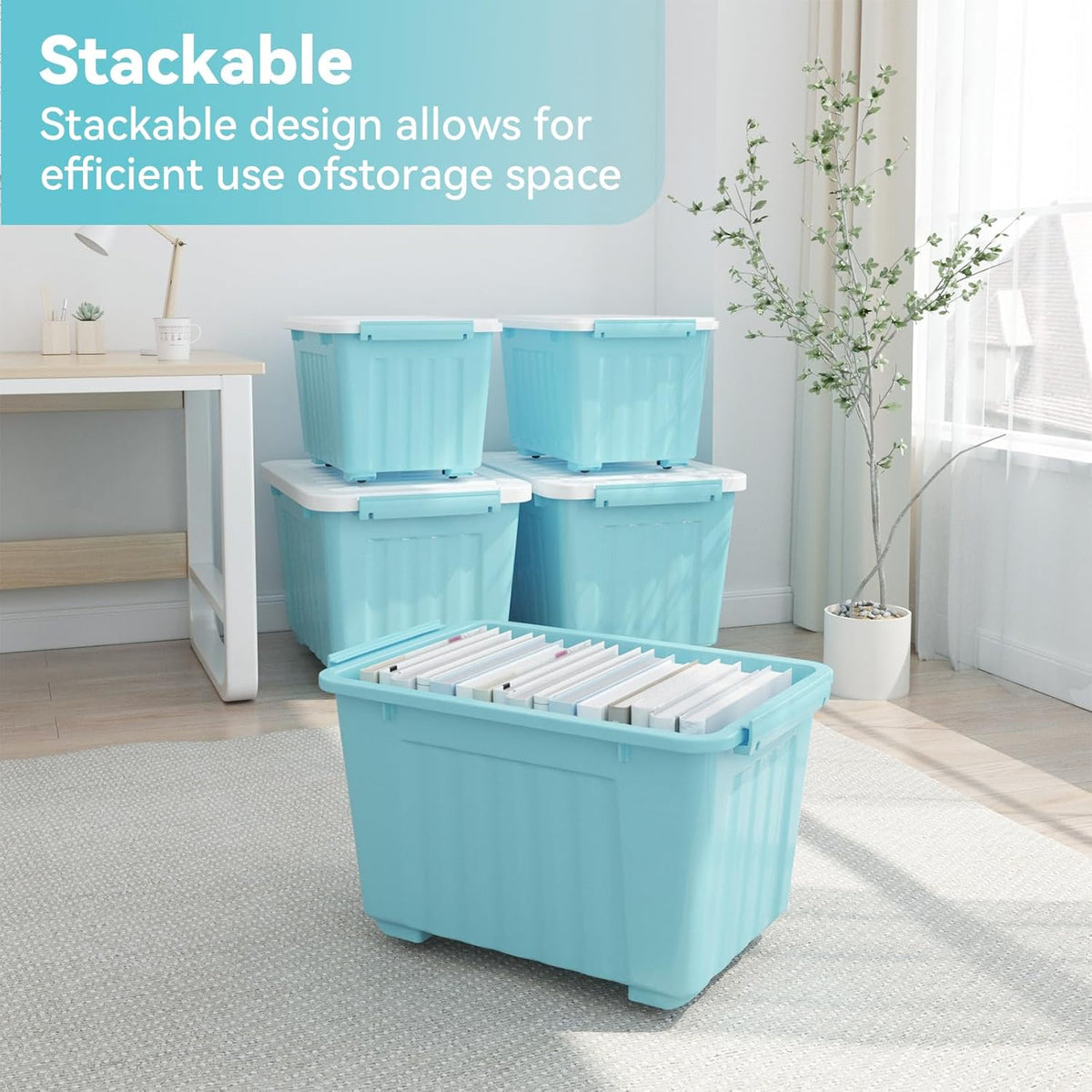 Nazhura 97 Quart Plastic Storage Bin, Blue Stackable and Nestable Storage Boxes with White Lids and