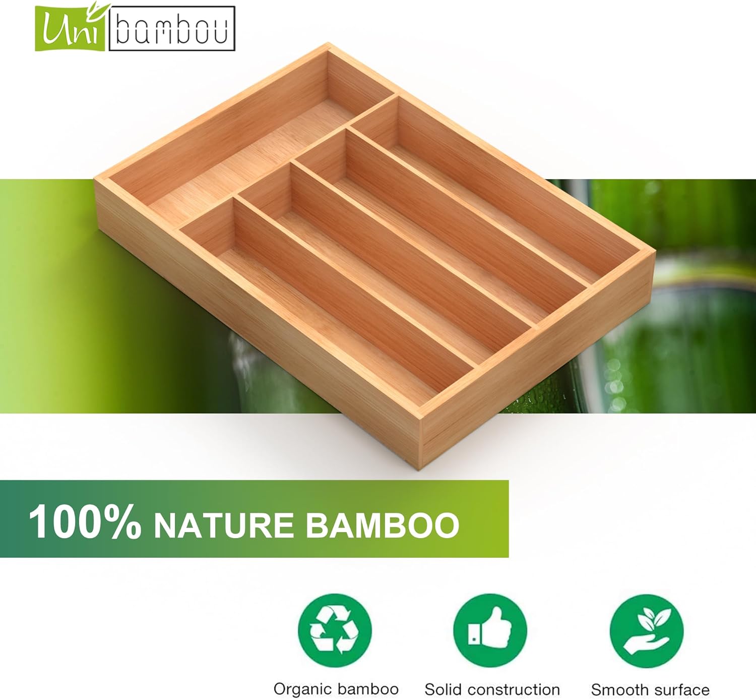 Bamboo Utensil Drawer Organizer, Kitchen Organizer for Flatware Cutlery, Silverware Tray for Drawer