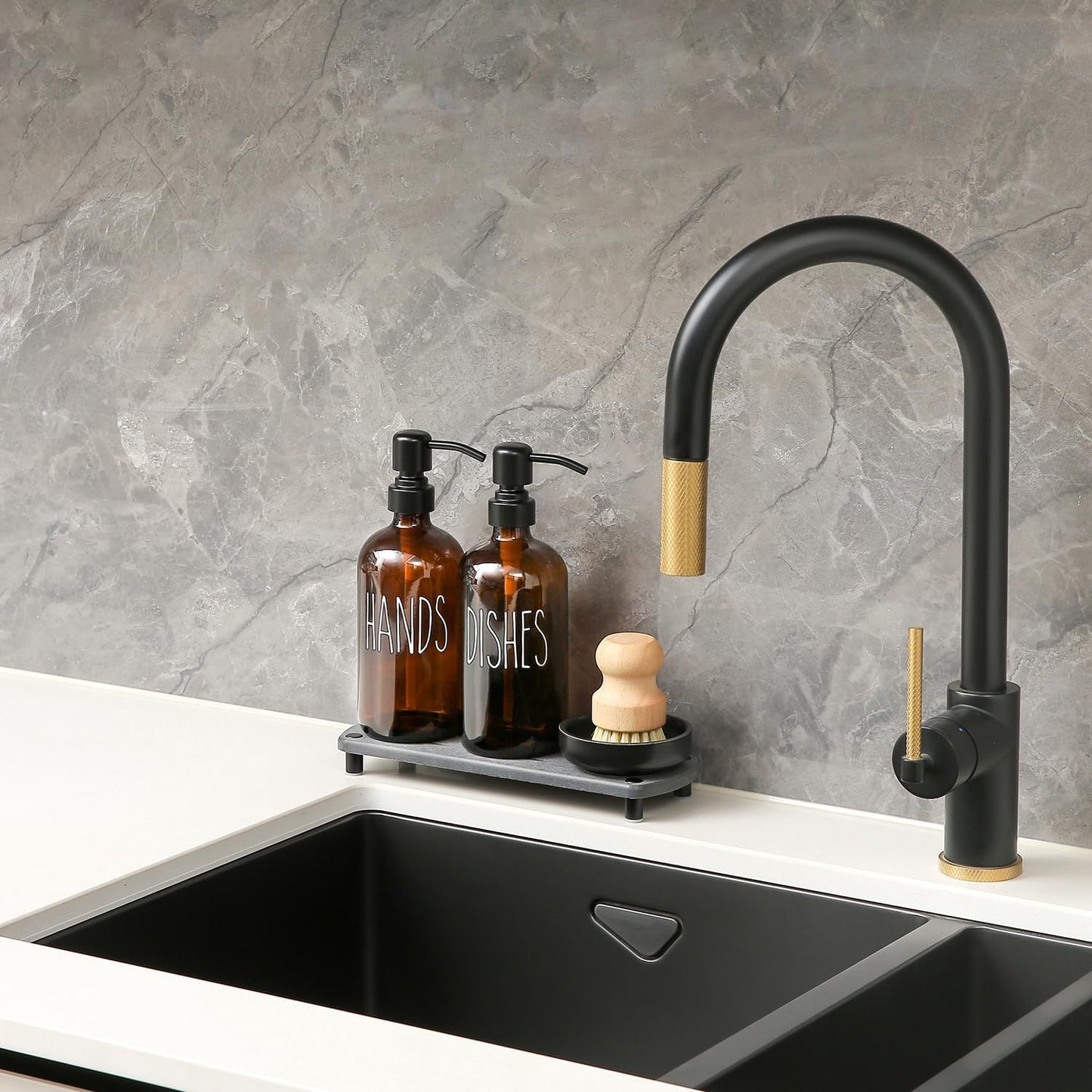 MOMEEMO Amber Glass Soap Dispenser Set Comes with Stainless Steel Pumps, Instant Dry Tray, and Dish