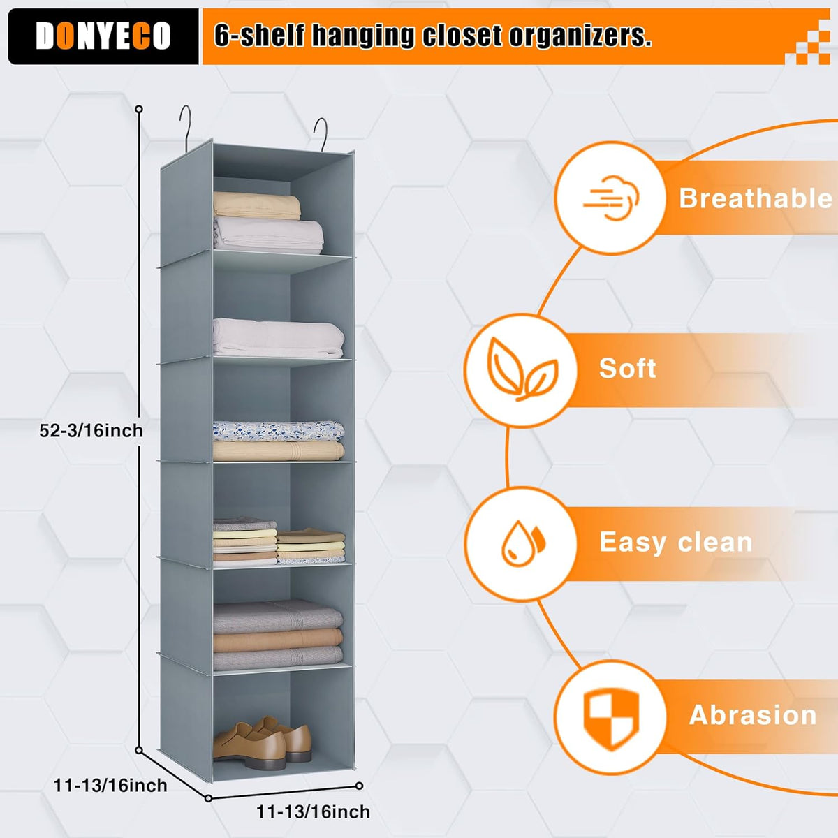 Hanging Closet Organizer and Storage 6-Shelf, Easy Mount Foldable Hanging Closet Wardrobe Shelves