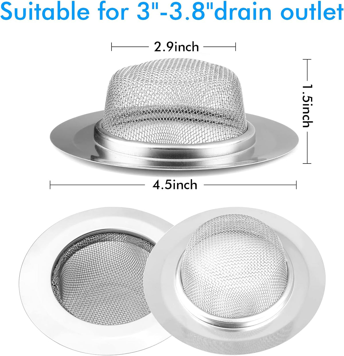 2Pcs Kitchen Sink Strainer, Stainless Steel Mesh Sink Drain Cover, Large Wide Rim 4.5" Diameter
