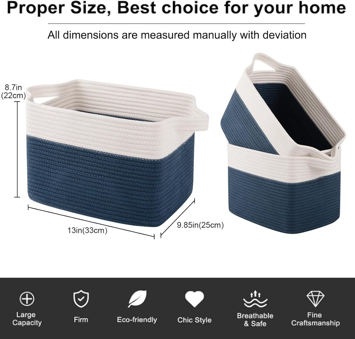 OIAHOMY Storage Baskets - Woven Cotton Rope Baskets for Shelves, Toy Towel Organizer Bins, Pack of