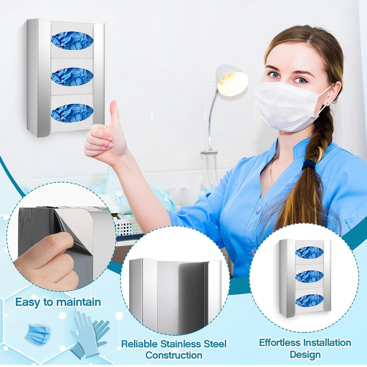 Blulu 4 Pack Glove Box Holder/Dispenser Stainless Steel Triple Wall Mounted Glove Box Organizer