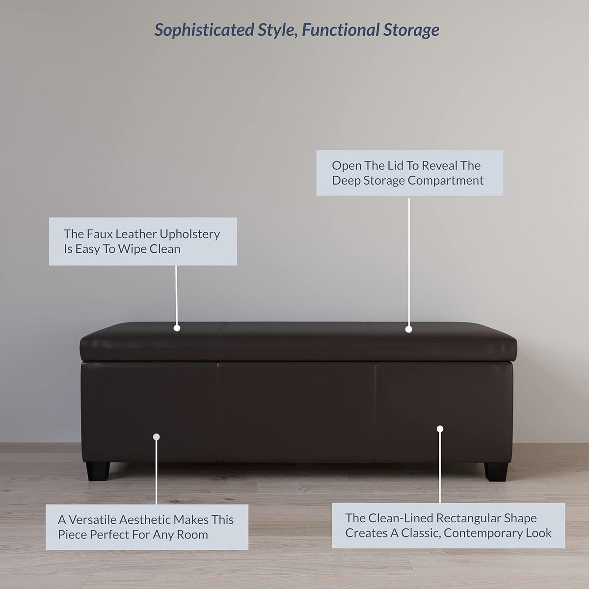 BELLEZE Storage Faux Leather Ottoman, 47 Inch Bench Bedroom Bench with Safety Close Hinge, Extra