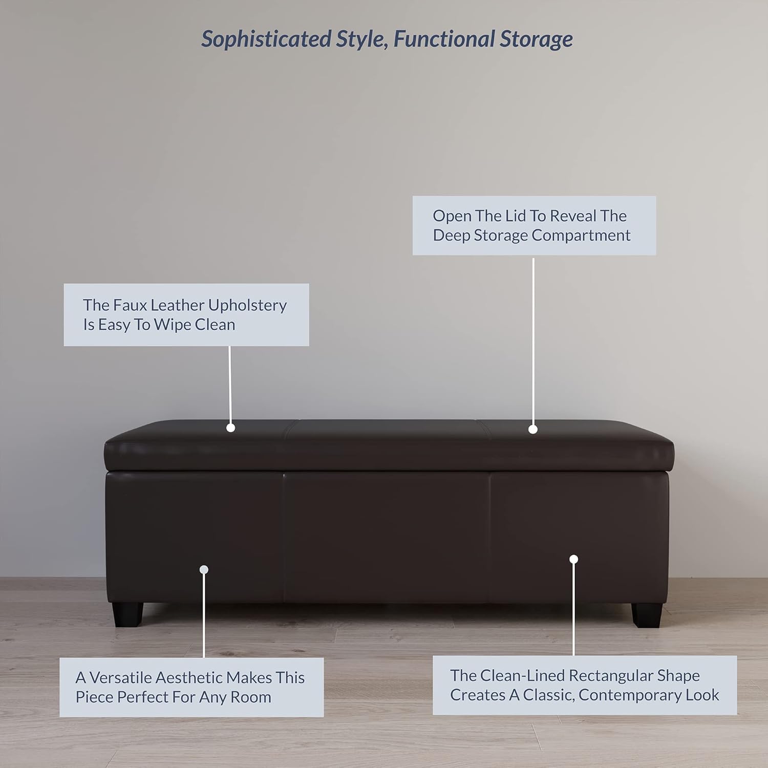 BELLEZE Storage Faux Leather Ottoman, 47 Inch Bench Bedroom Bench with Safety Close Hinge, Extra