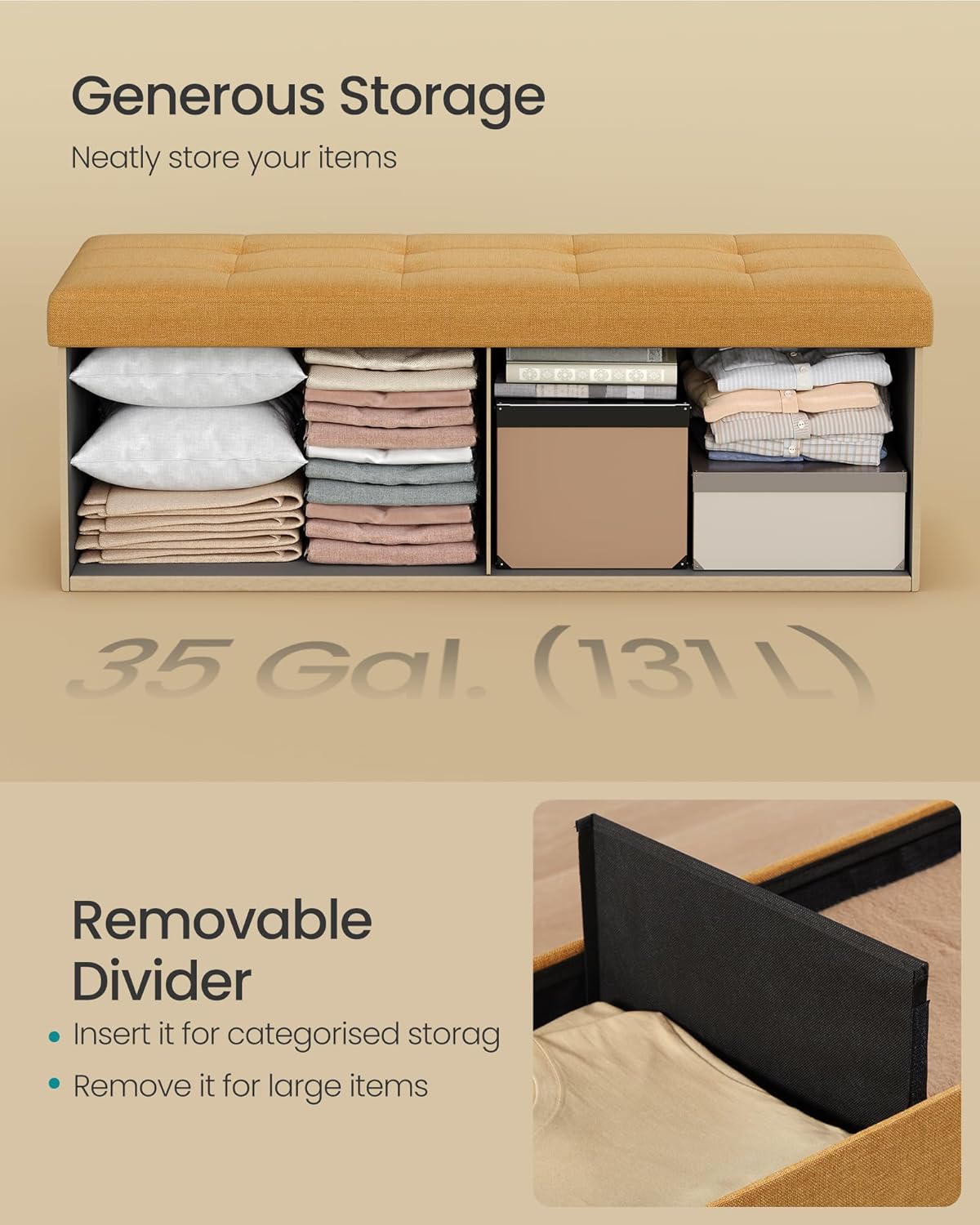 SONGMICS Mazie Collection - Storage Ottoman Bench, 43 Inches Folding Foot Rest Stool, End of Bed