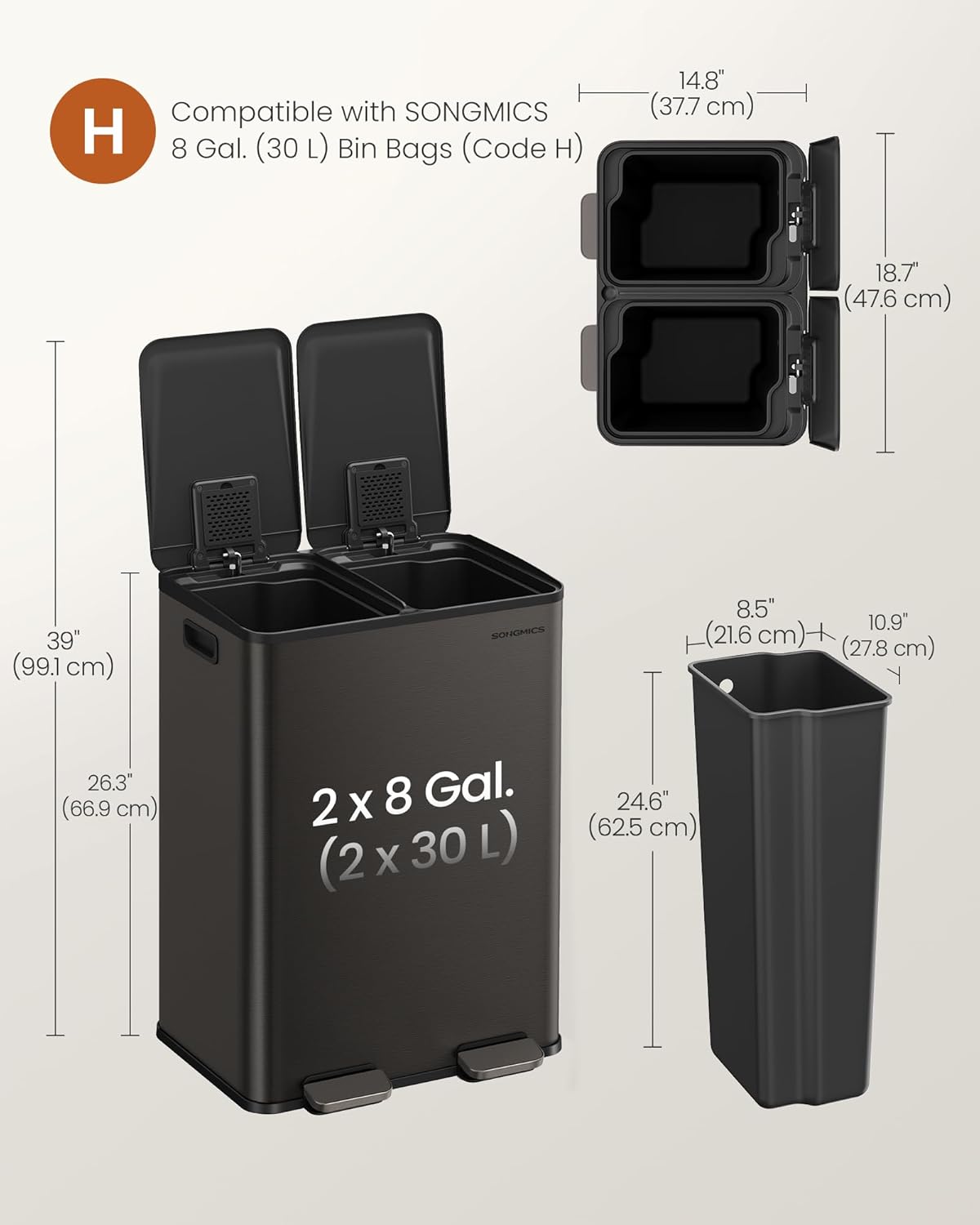 SONGMICS Trash Can, 2 x 8 Gallon (2 x 30 L) Dual-Compartment Garbage Can with Soft-Close Lid, Pedal