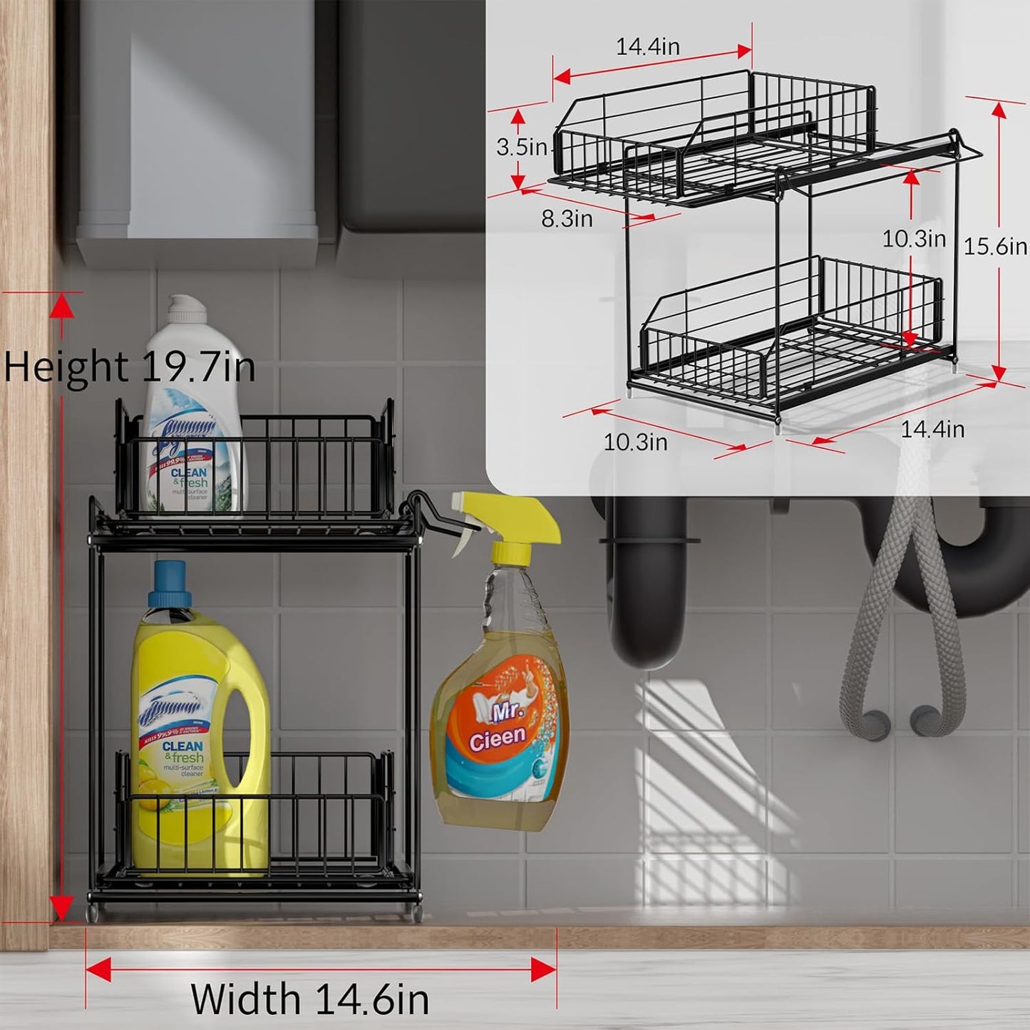 SUEH DESIGN Under Sink Organizers and Storage, 2 Tier Metal Under Sink Storage with Hanging Rail
