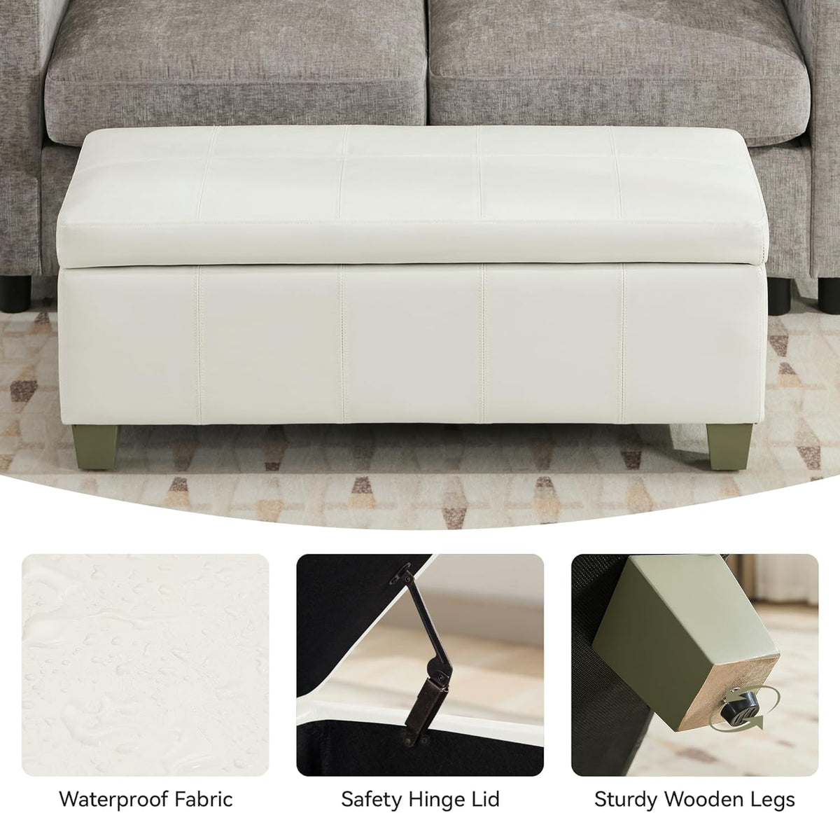 41" Faux Leather Storage Ottoman, Stitch Tufted Rectangle Upholstered End of Bed Storage Bench