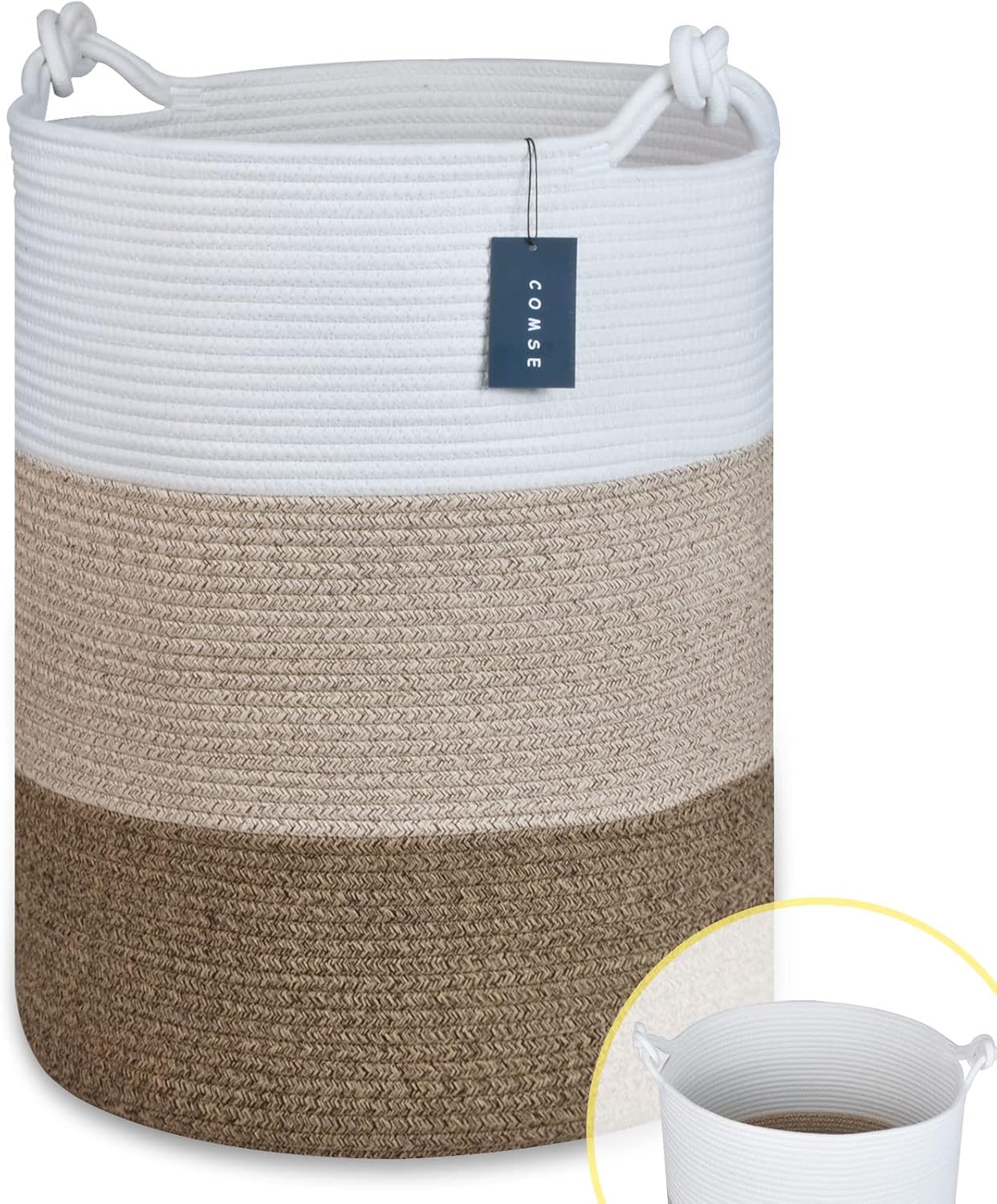 COMSE Extra Large Blanket Basket, Tall Woven Storage Basket, Nursery Hamper, 15.7”x 21.7”, Cotton